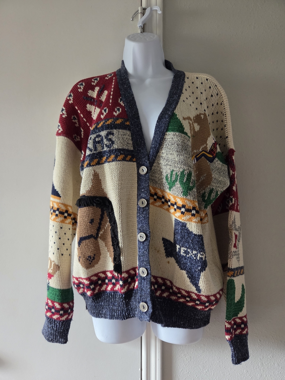 Vintage Sweater Loft Cotton Western Horse V-Neck Cardigan Cream & Blue L